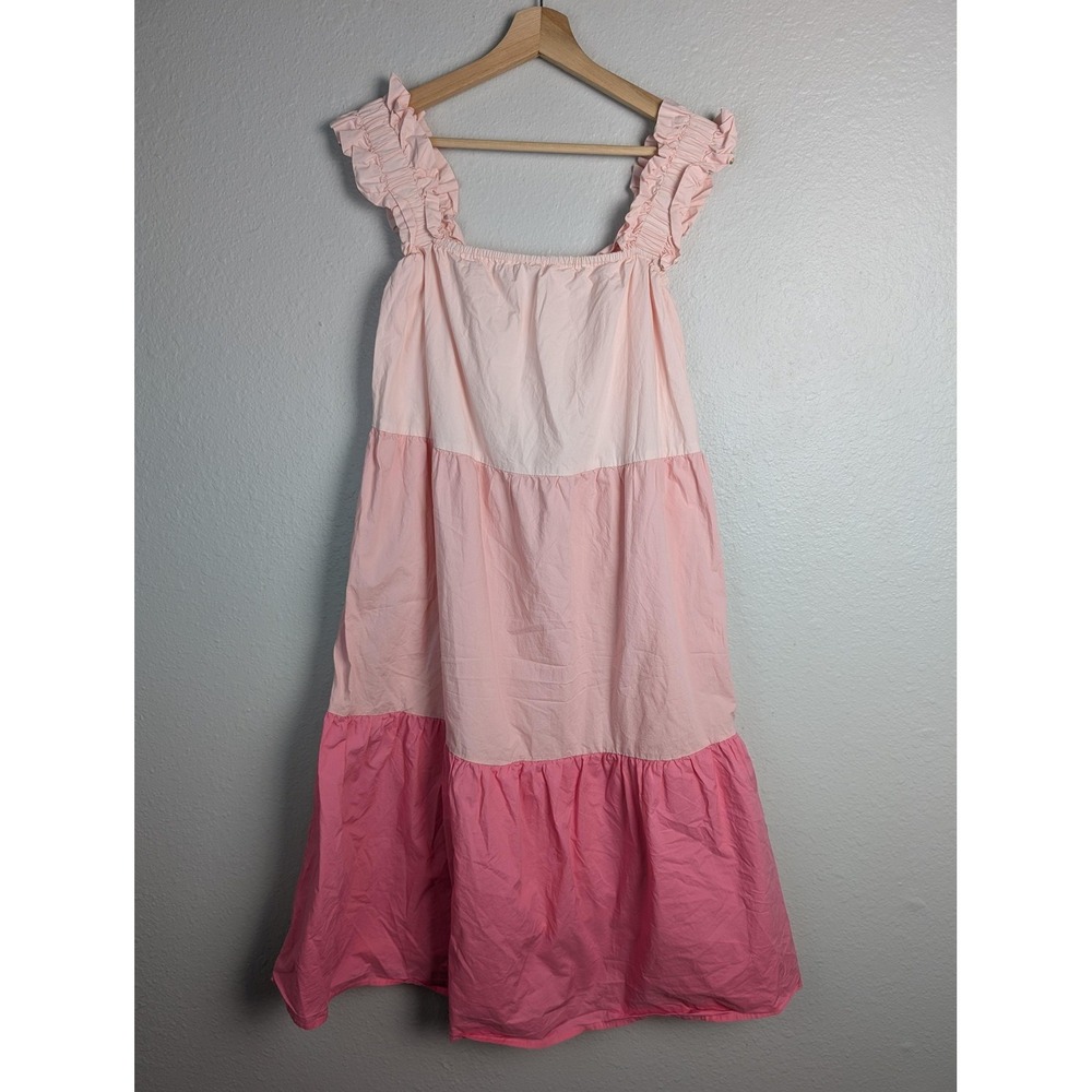 English Factory Dress Womens XS Pink Colorblock Ruffle Strap Midi Sundress